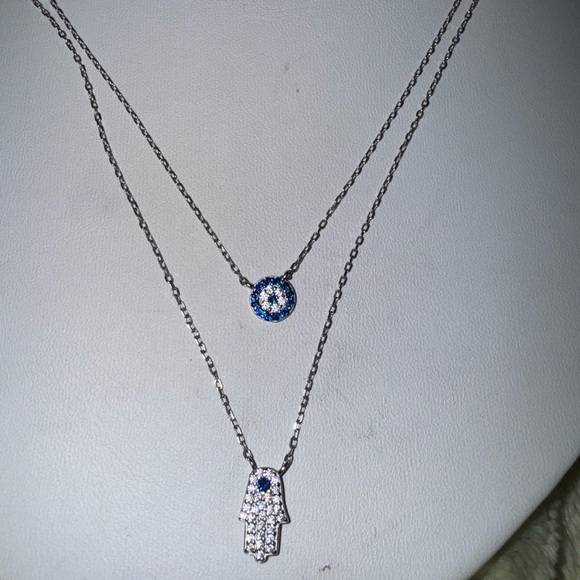 EUC DESIGNER HAMSA HAND & EVIL EYE DOUBLE STRAND 925 NECKLACE W/ CRYSTALS - Picture 2 of 5